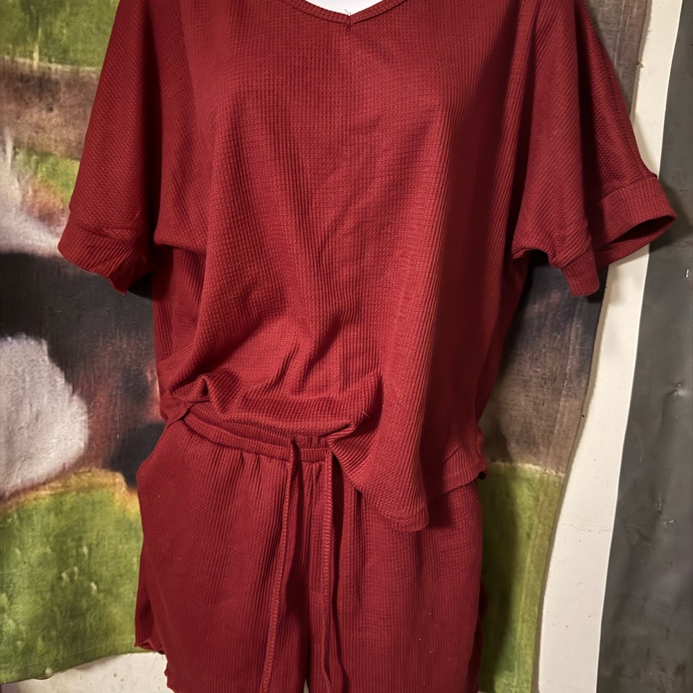 Red V-Neck Short Sleeve Top and Shorts Set